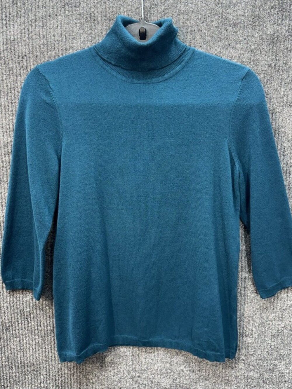Chicos Turtleneck Sweater Top Womens 0/Small Teal Blue 3/4 Sleeve Stretch Knit
